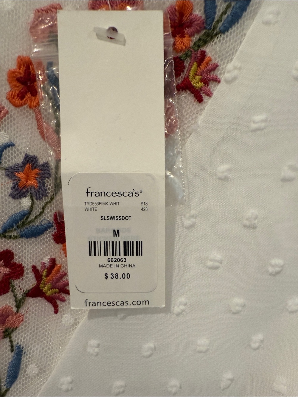Francesca's Collections White Swiss Dot Camisole with Multicolor Floral V-Inset - Picture 2 of 3